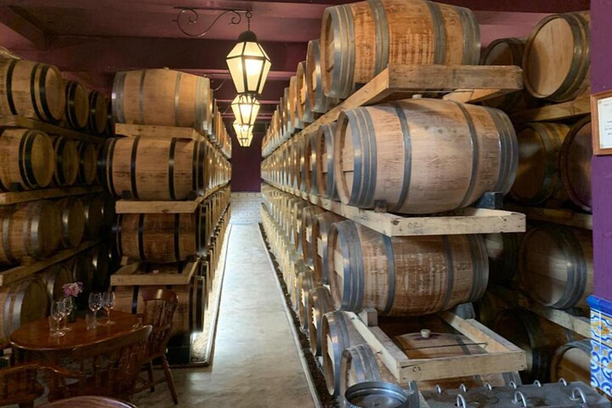 una stanza con un mucchio di botti di vino dentro