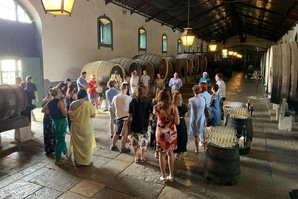 egy csoport ember áll egy szobában boroshordókkal