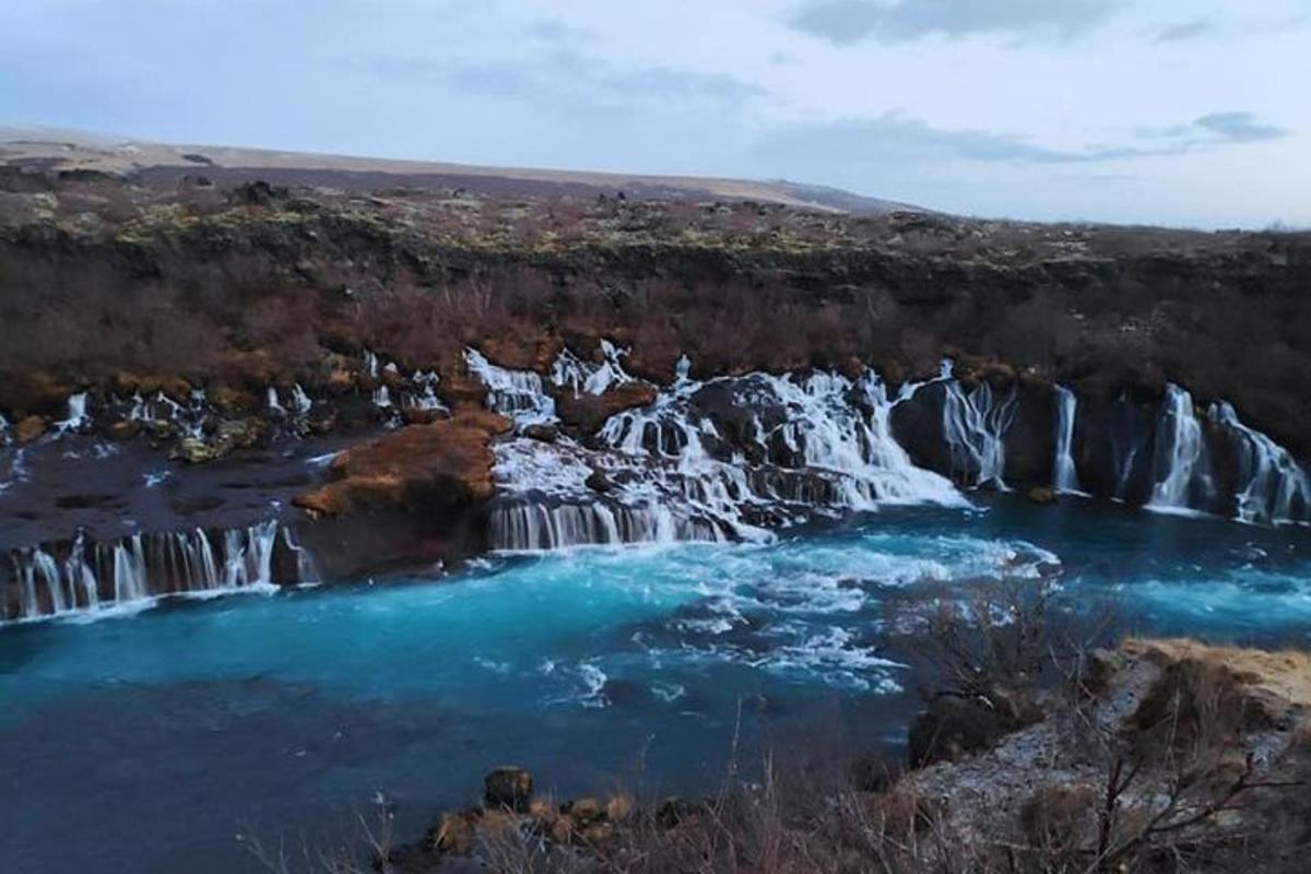 hópur fossa í á með bláu vatni