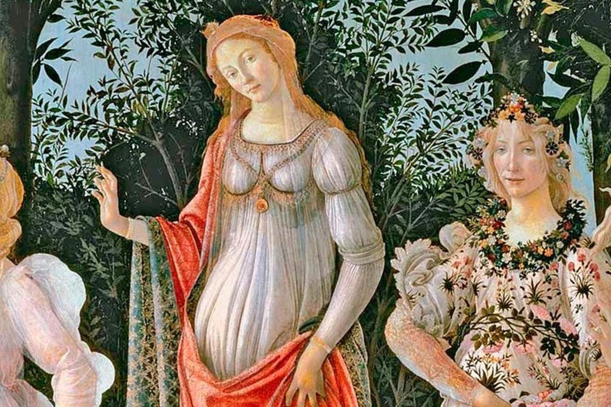 uma pintura de uma mulher em pé ao lado de duas mulheres