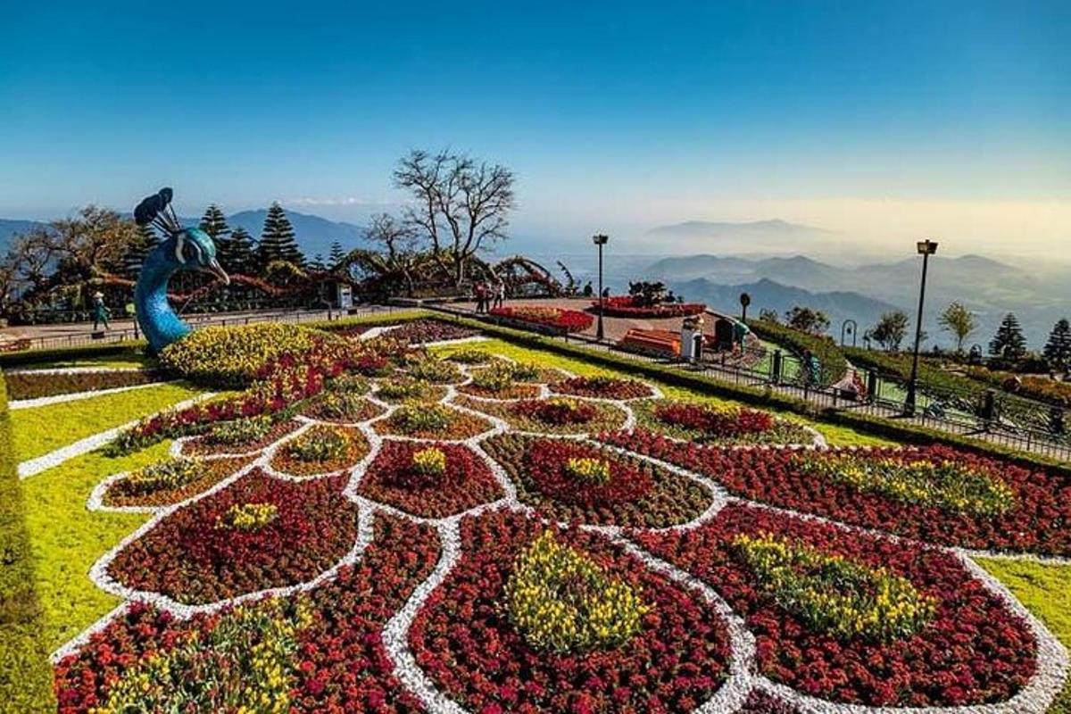 a garden with flowers in the middle of a park