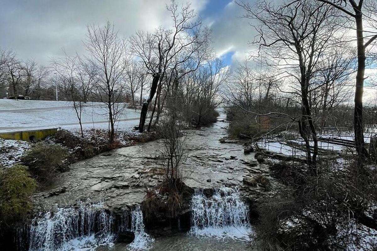 a small waterfall in a field with snow on the ground