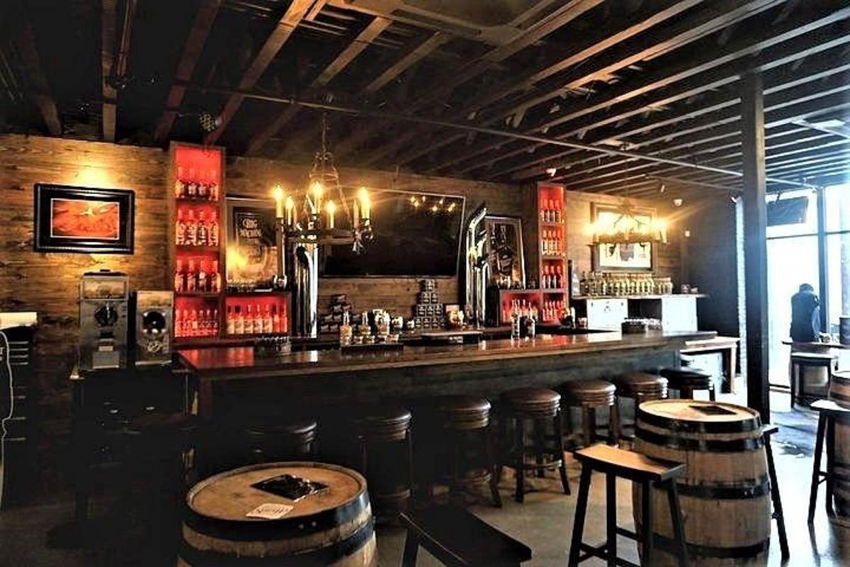 a bar with wooden stools in a room with a counter
