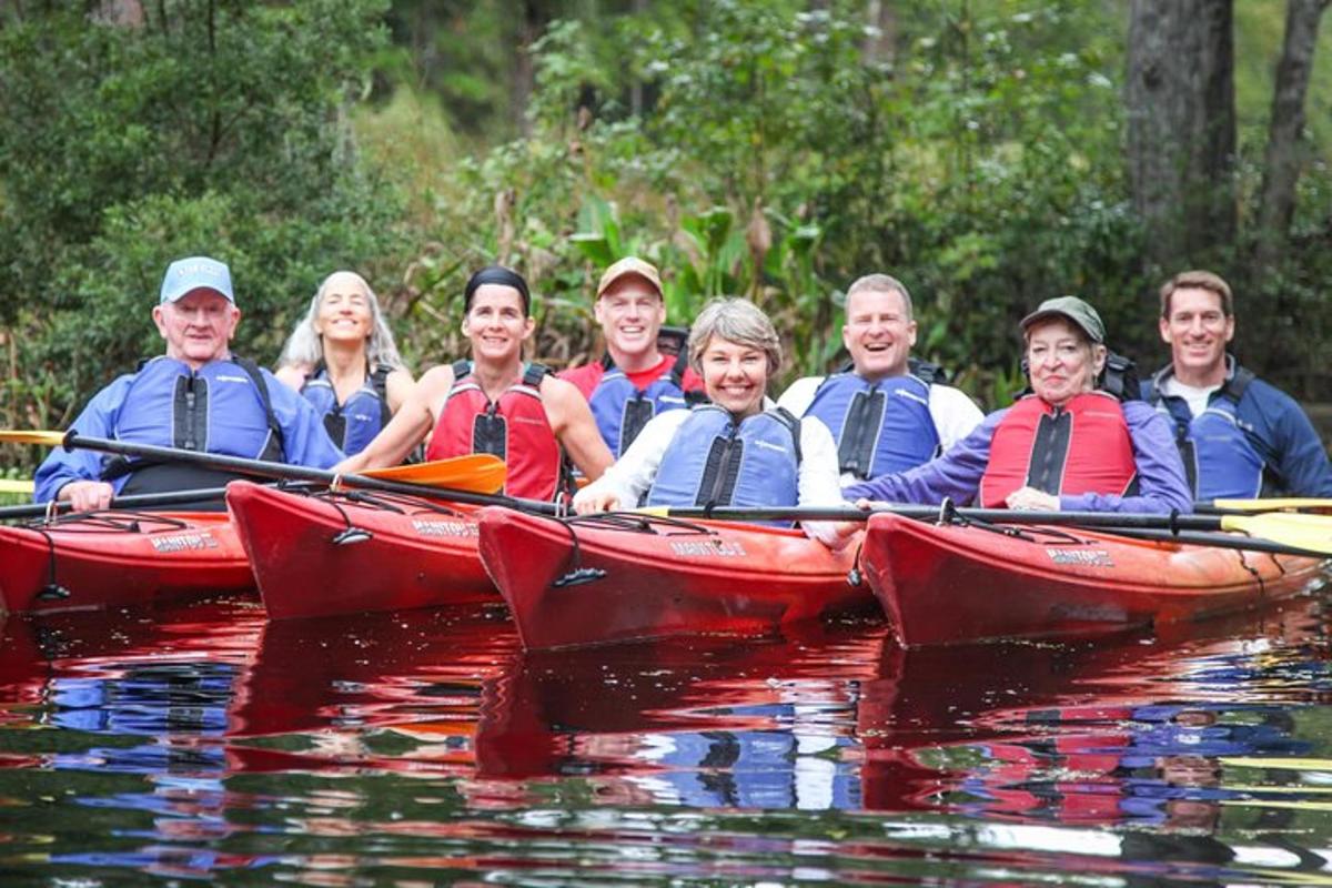 a group of people in kayaks on the water
