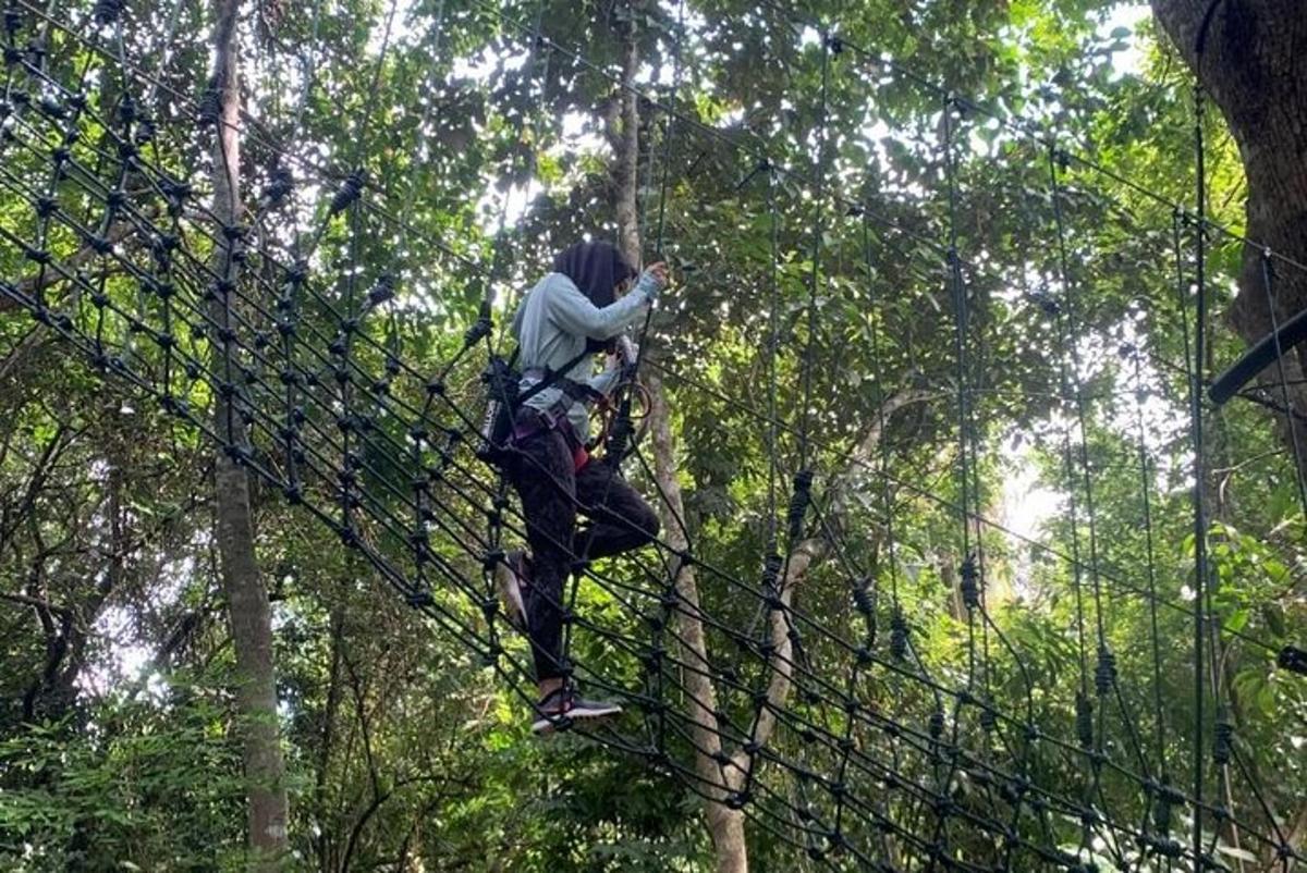 osoba na zip line v lese