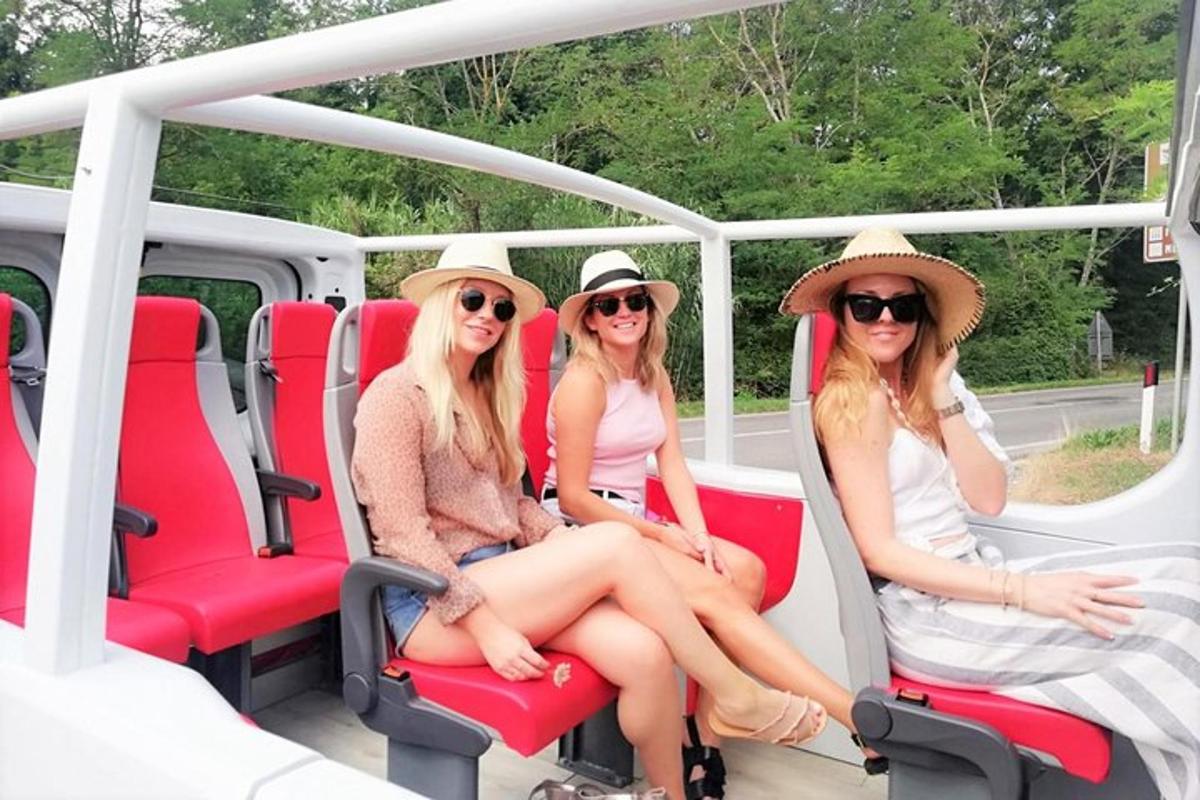 tres noies amb barrets assegudes en un autobús