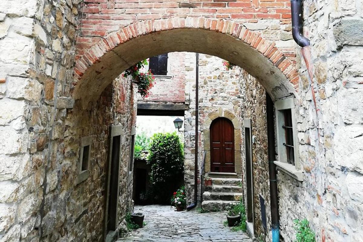 un vicolo con un arco in un edificio in mattoni