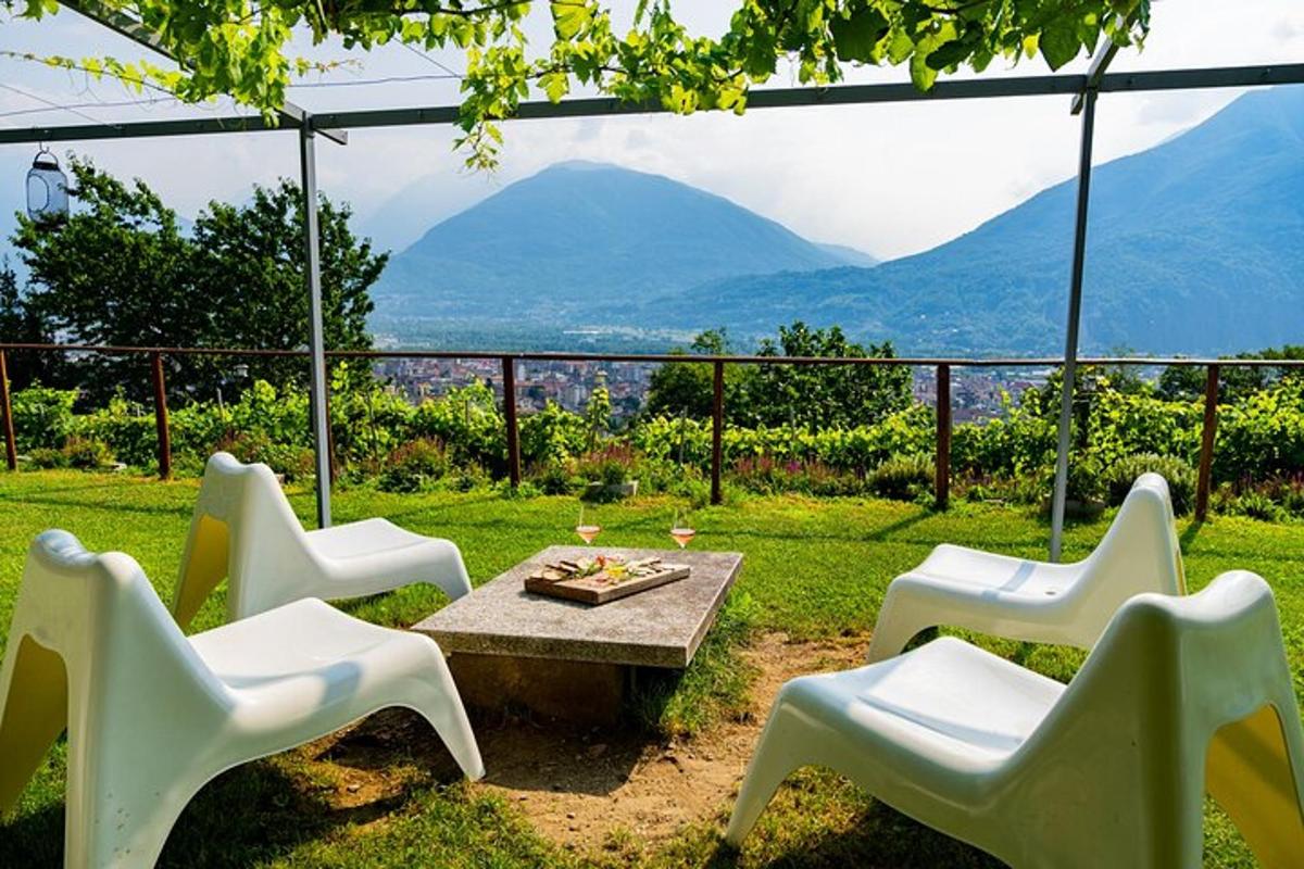 Un patio con mesa y sillas y vista a las montañas.