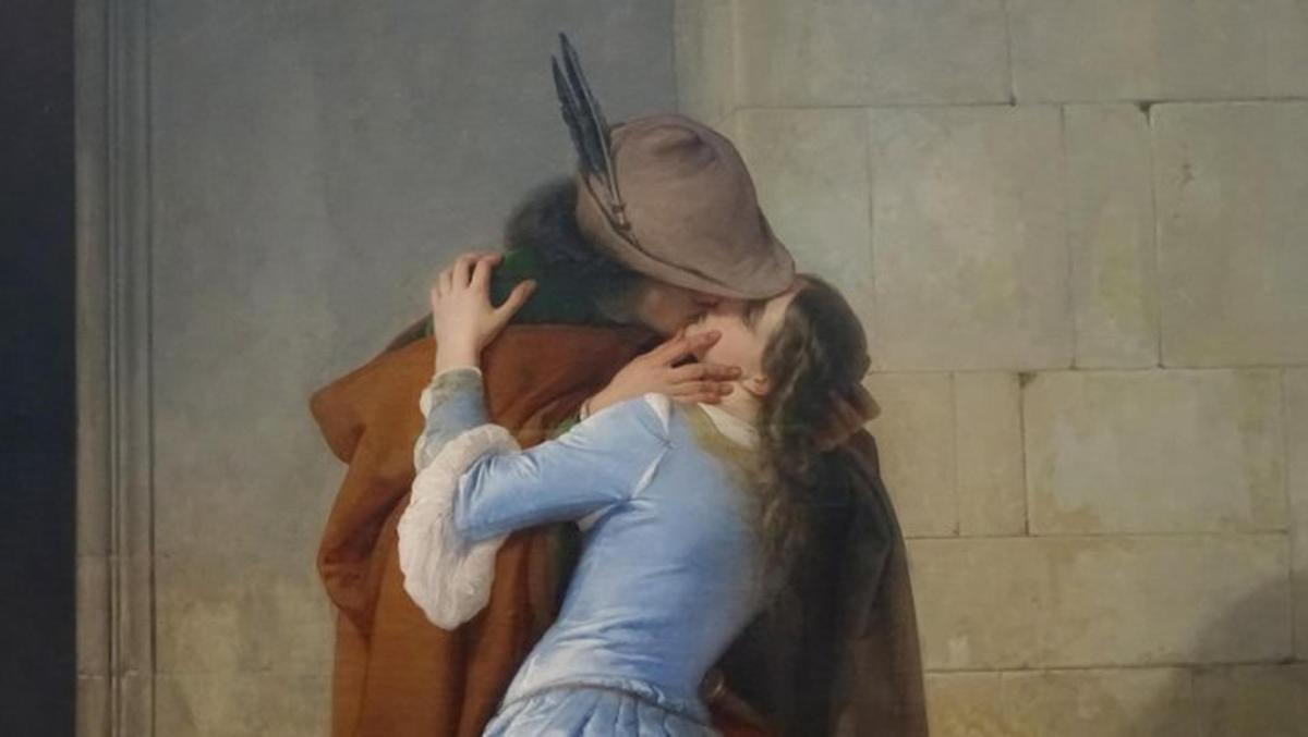 egy festmény, amelyen egy nő kalapos férfival csókolóz