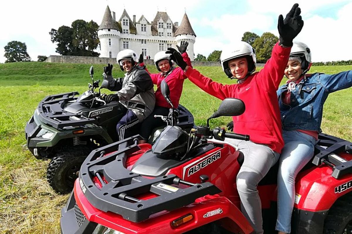 a group of people on atvs in front of a castle