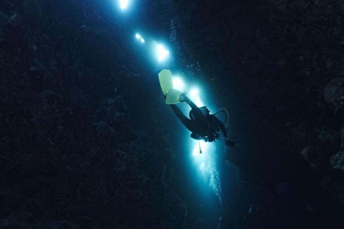 a diver swimming in the water at night