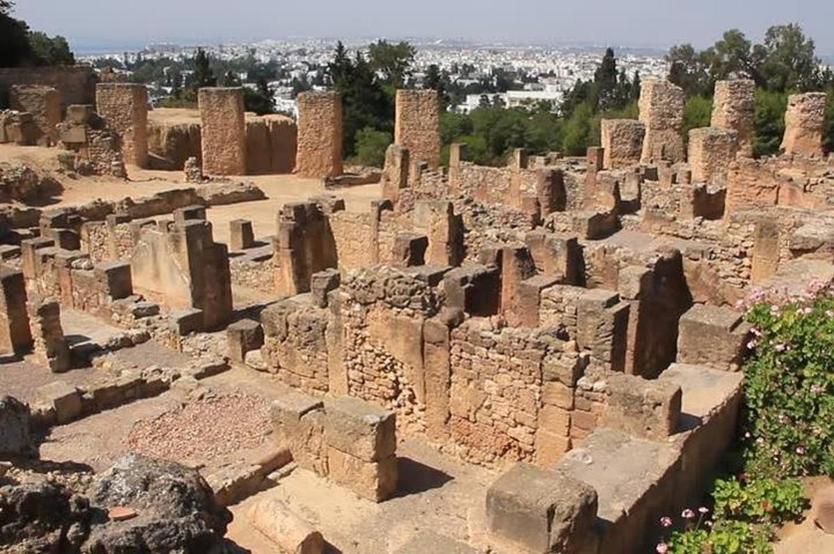 a ruins of a building with a city in the background
