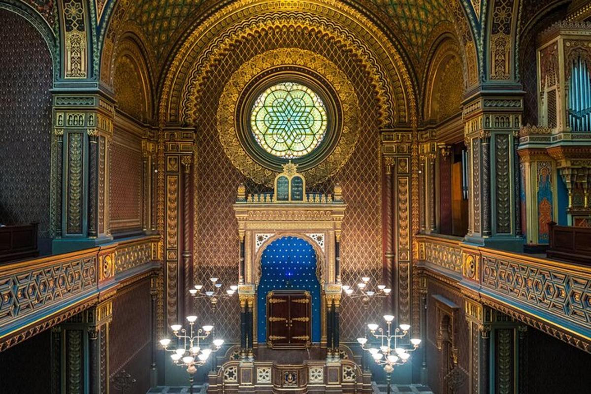 a large room with a stained glass window in a building