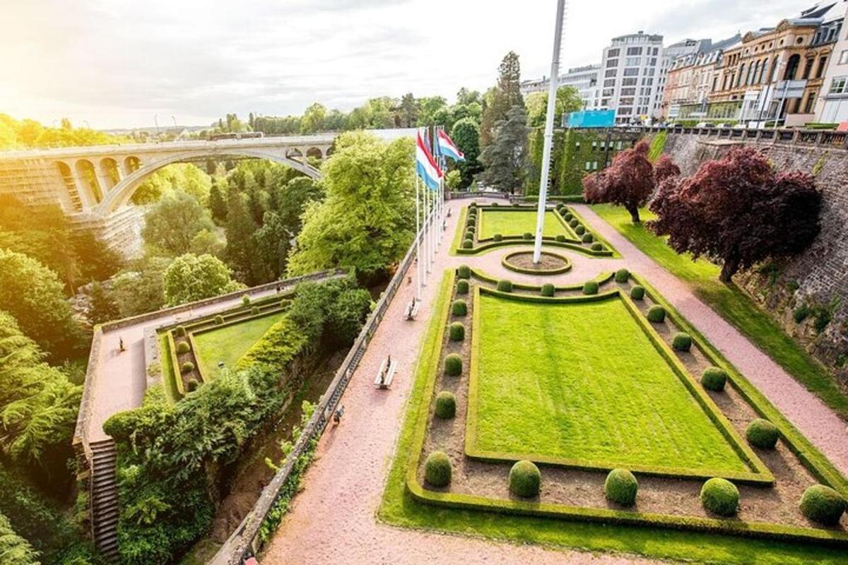 a view of a park with a bridge in the background