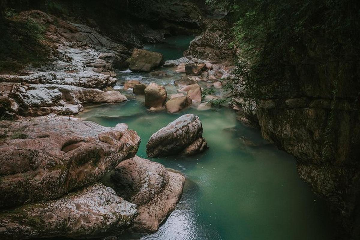 un fiume con rocce e acqua verde in un canyon