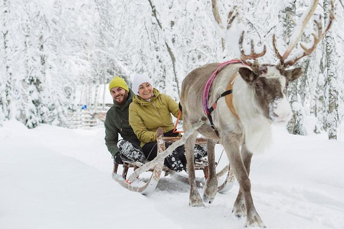 a man and woman on a sleigh pulled by a reindeer