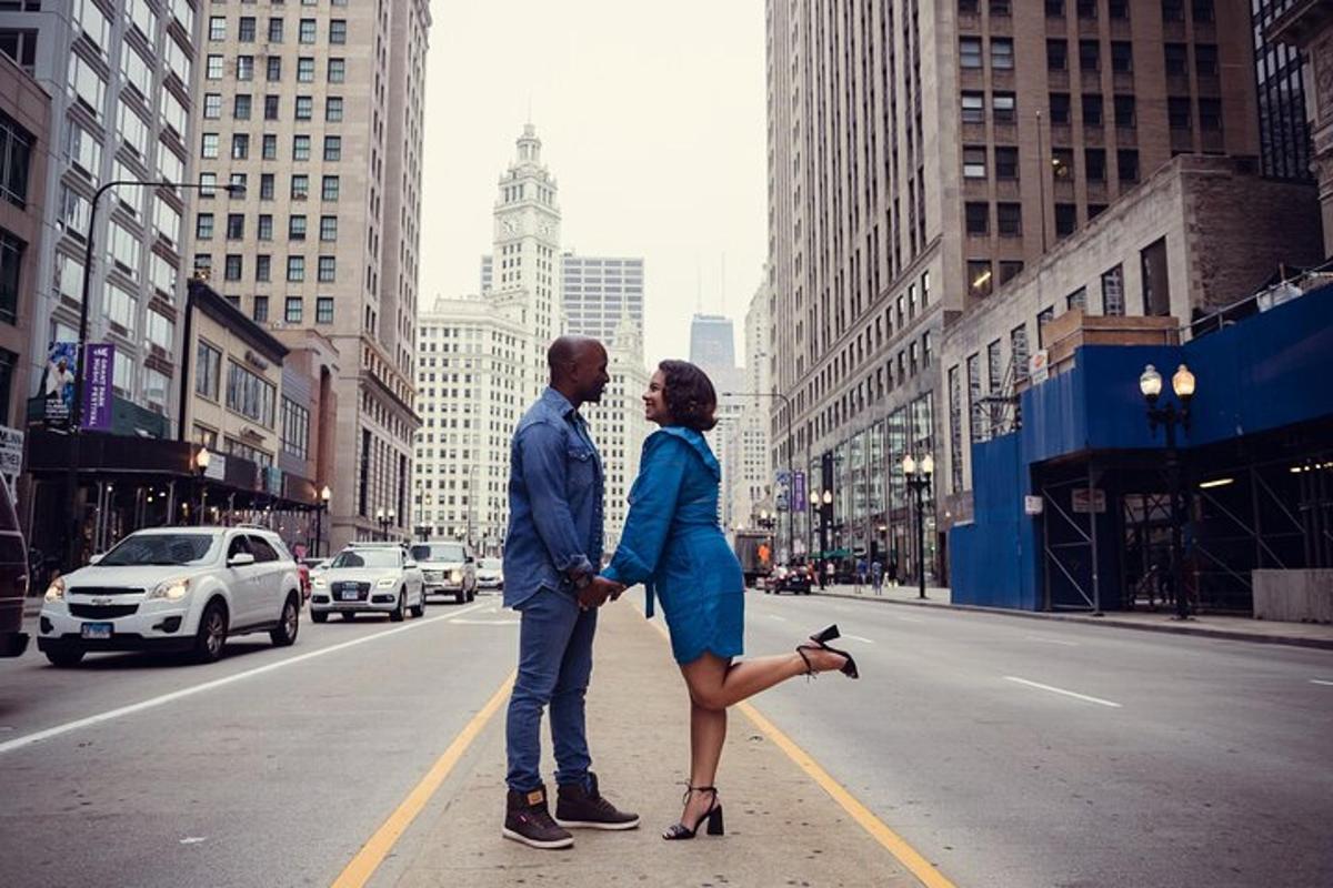 a man and a woman standing on a city street