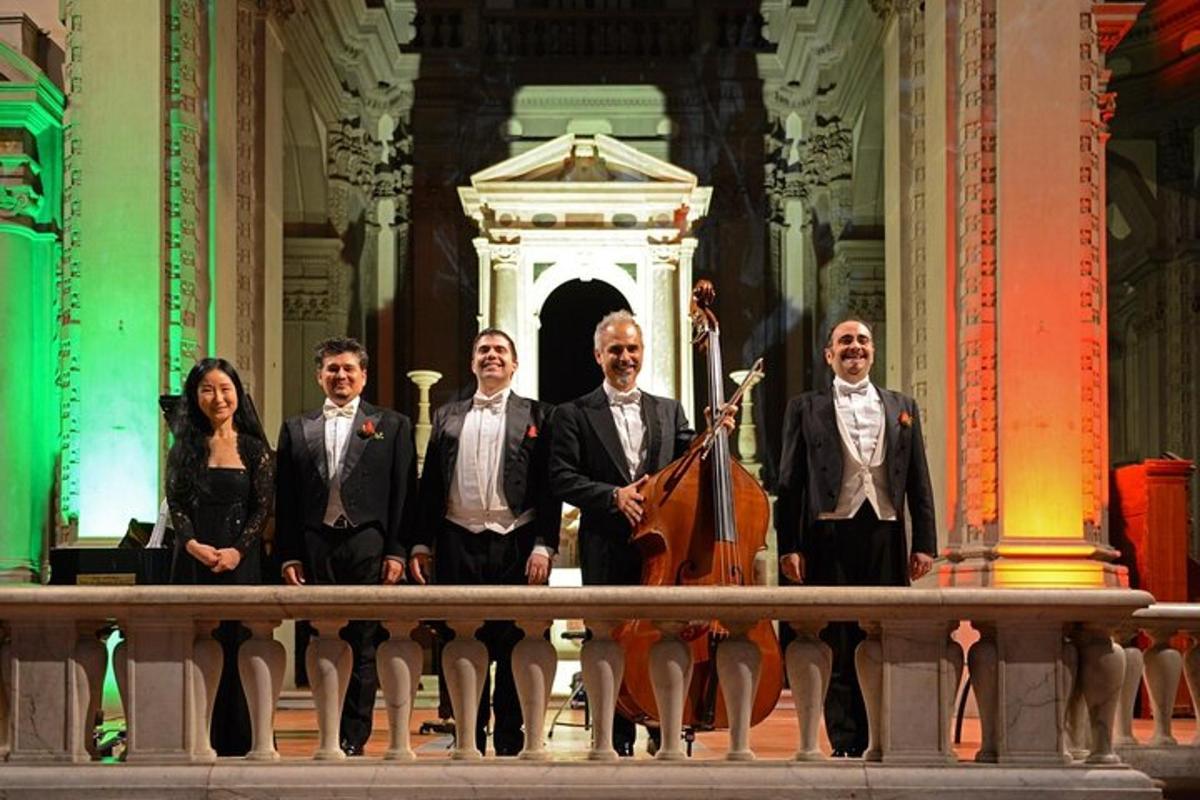 a group of musicians standing in front of a building