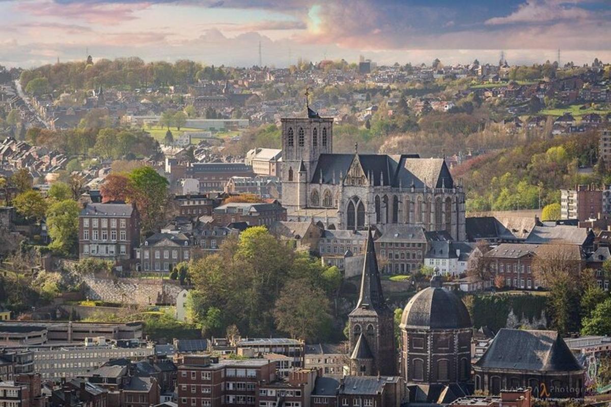 a view of a city with a cathedral and buildings
