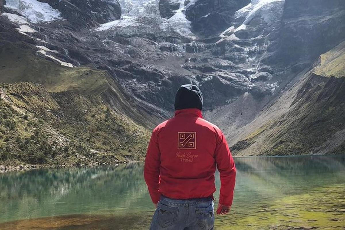 Un hombre parado frente a una pintura de una montaña.
