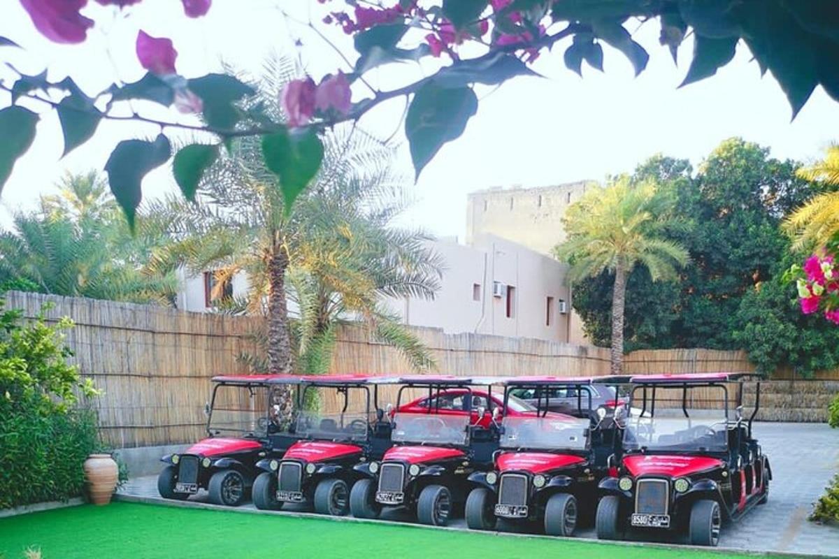 skupina čtyř golfových vozíků zaparkovaných vedle plotu