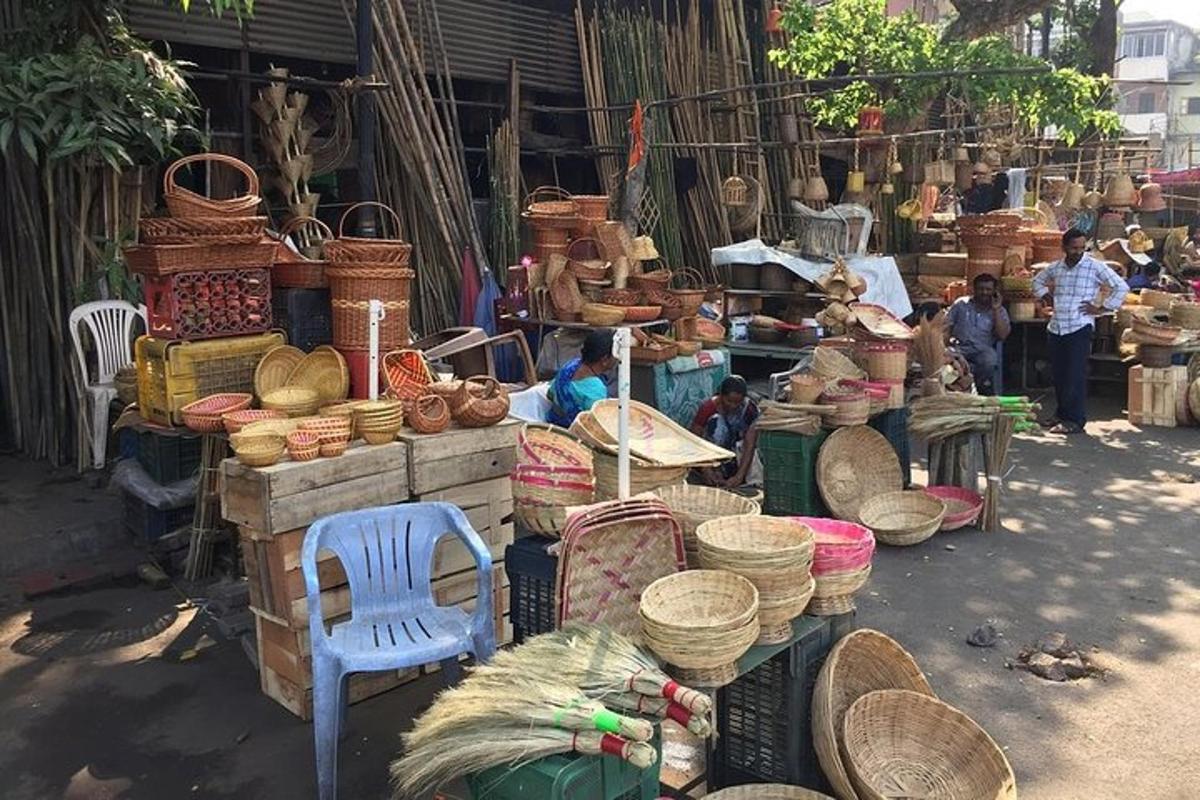 a market with baskets and other items on display