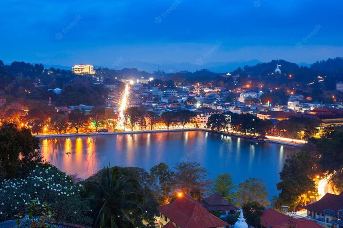 uma vista de uma cidade com um lago à noite
