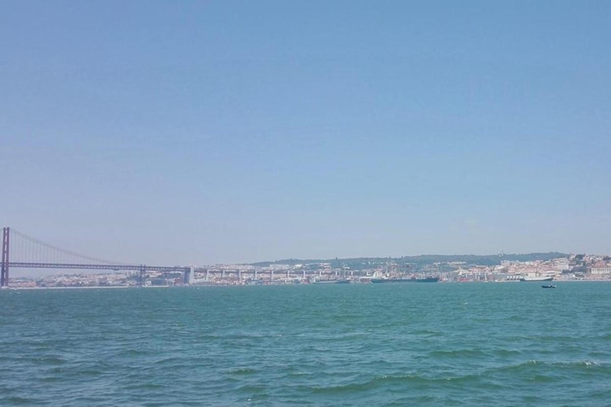 a large body of water with a bridge in the background