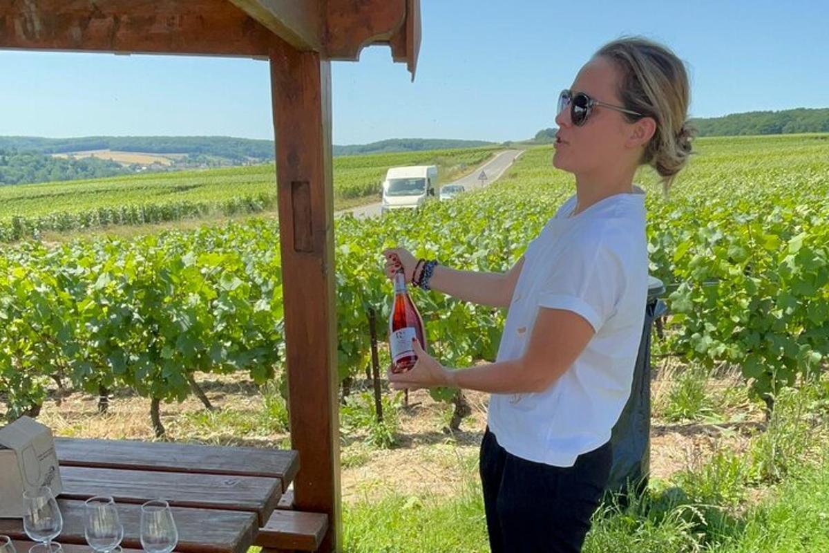 una dona dreta davant d'una taula amb una ampolla de vi