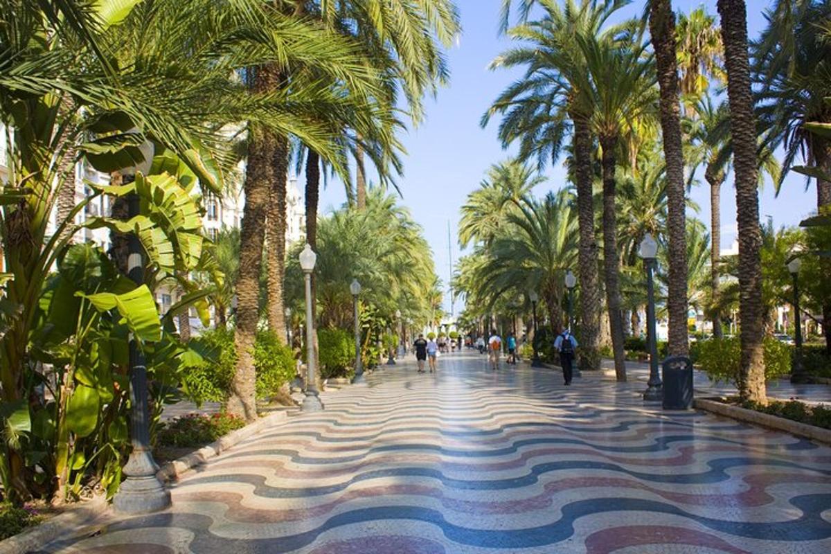 una passerella con palme e persone che la percorrono