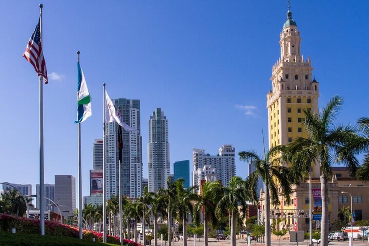 a city skyline with a tall building and flags