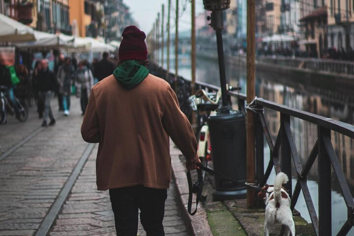 una persona que pasea a un perro con correa