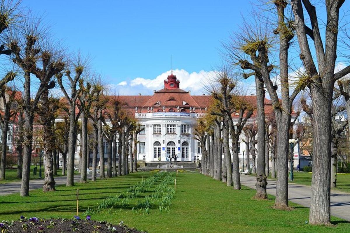 a large white building with trees in front of it