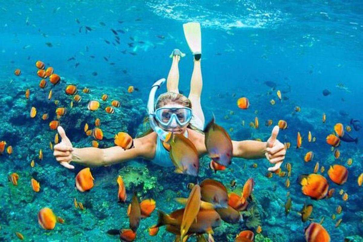 a person laying on the ground in the water with fish