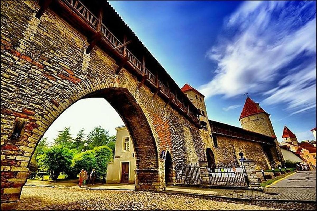Un puente de ladrillo con un arco delante de un edificio.
