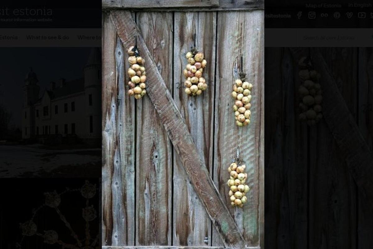 a bunch of grapes hanging on a wooden door