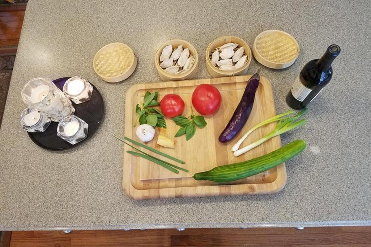 a cutting board with vegetables and a bottle of wine