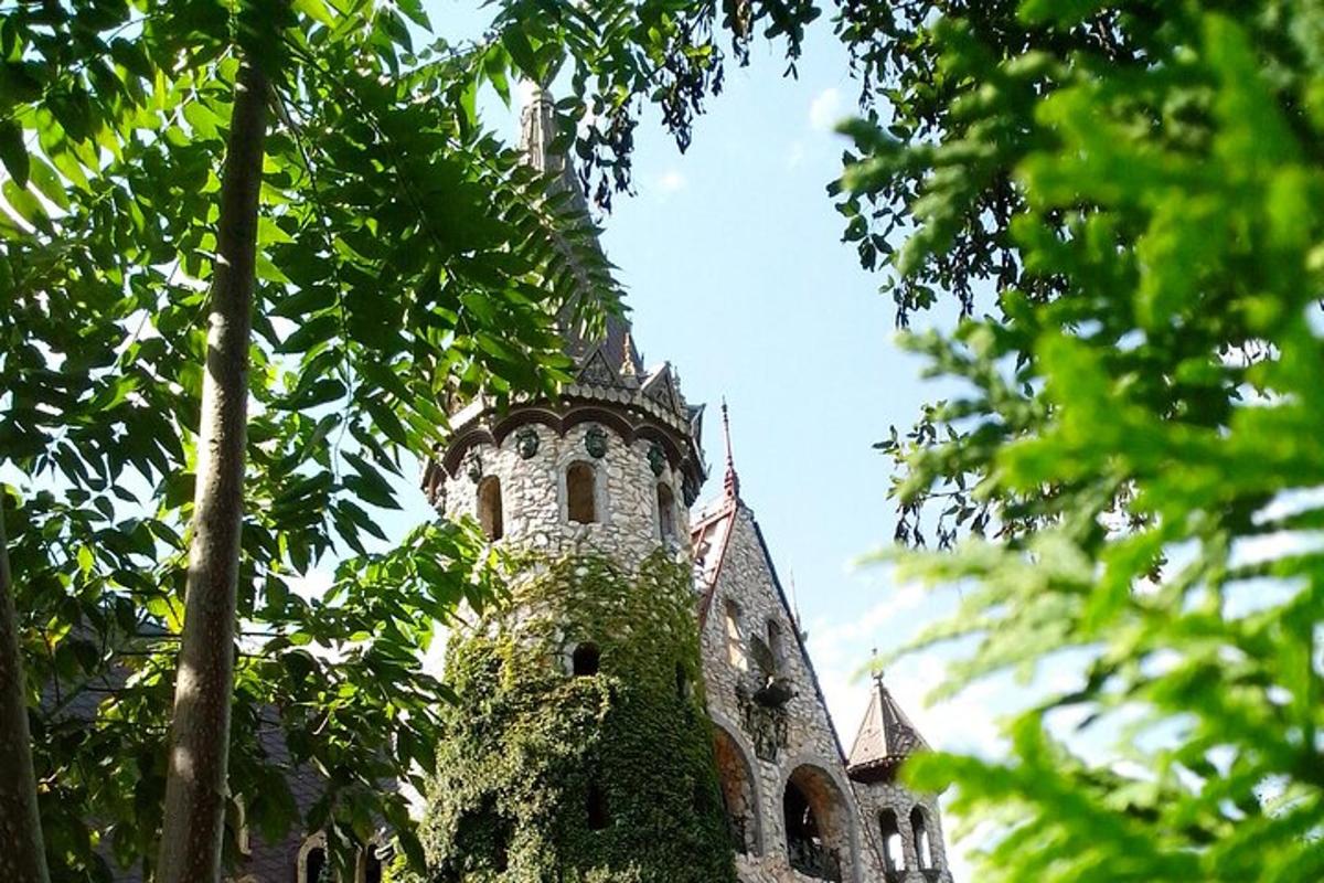an old building is seen through the trees