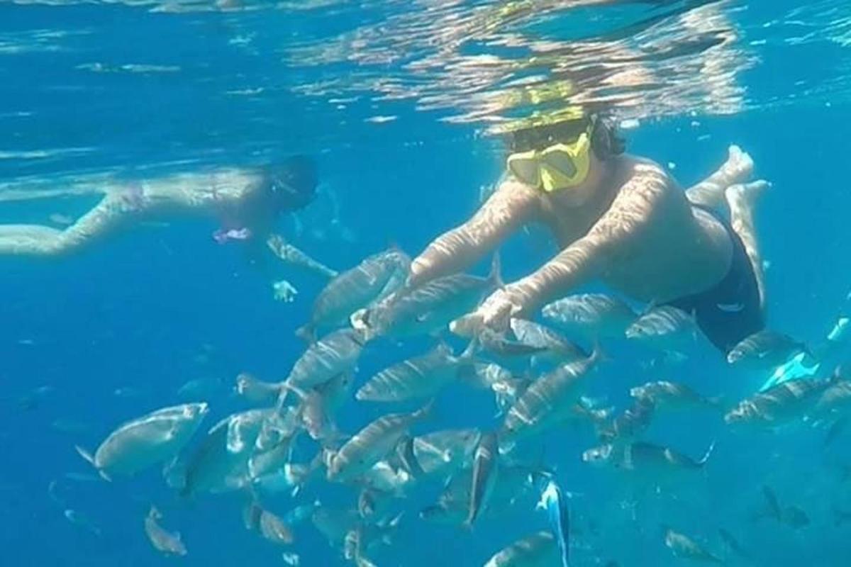 dos personas en el agua con un grupo de peces