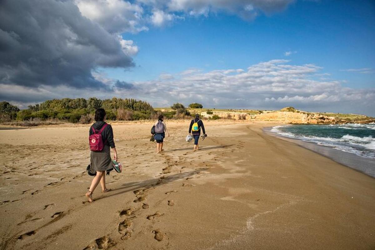 tre persone che camminano su una spiaggia vicino all'acqua