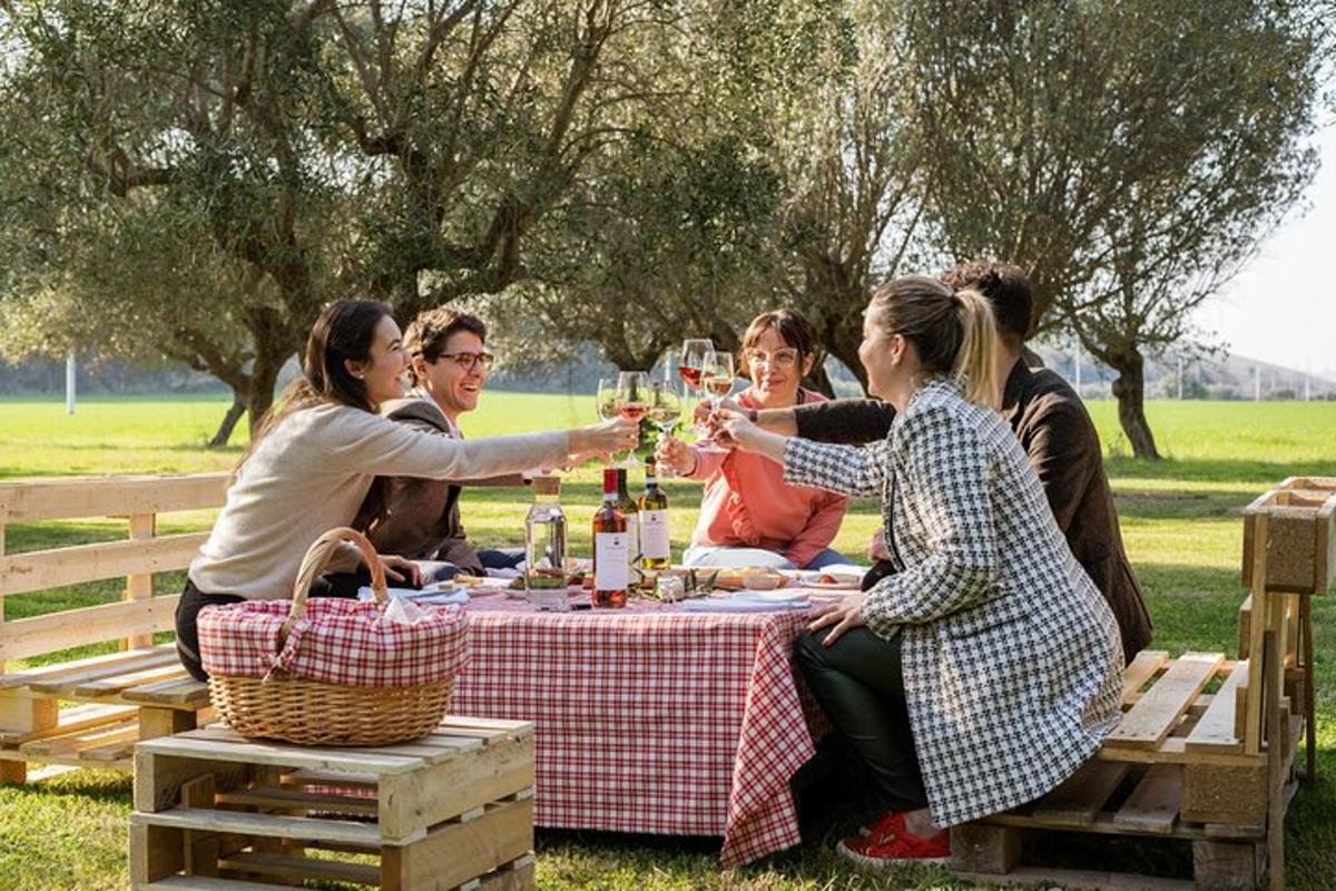 a group of people sitting at a picnic table with wine glasses