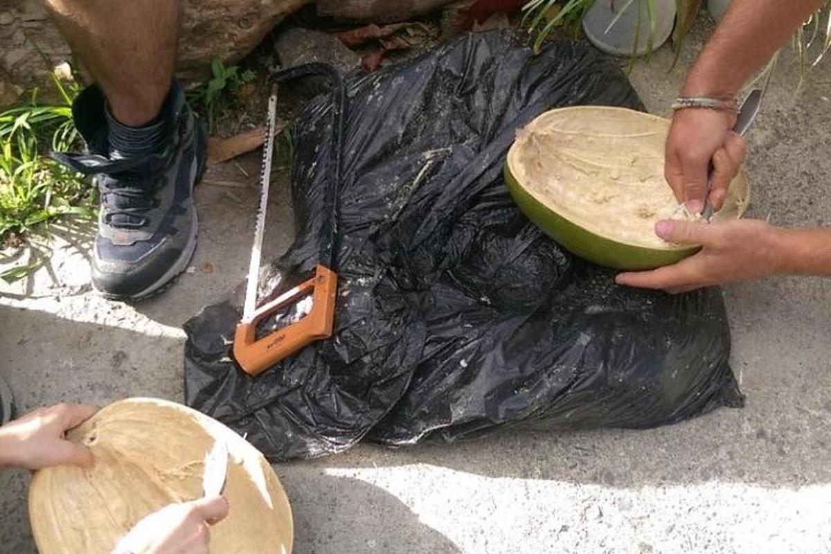 a person holding a green bowl and a knife