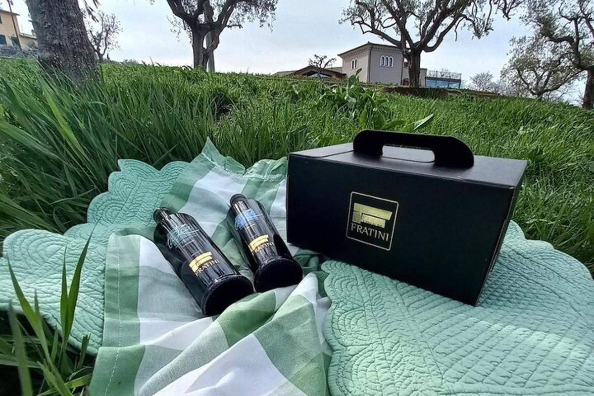 dve steklenici vina, ki ležita na odeji poleg škatle