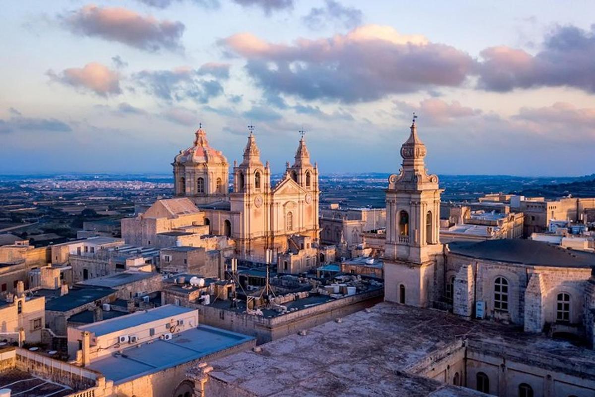 an aerial view of a city with cathedral buildings