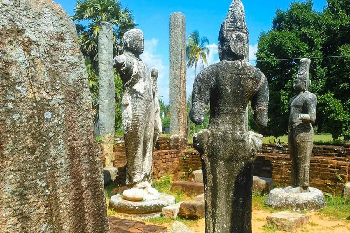 a group of statues in a park with palm trees