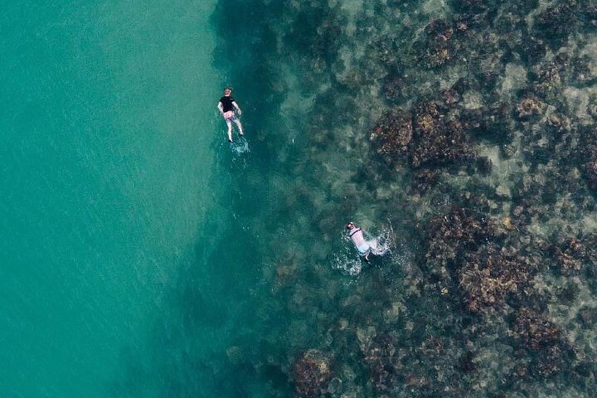 Zračni pogled na dve osebi, ki surfata v oceanu