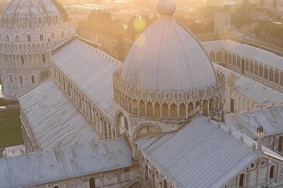 an aerial view of a building with domes