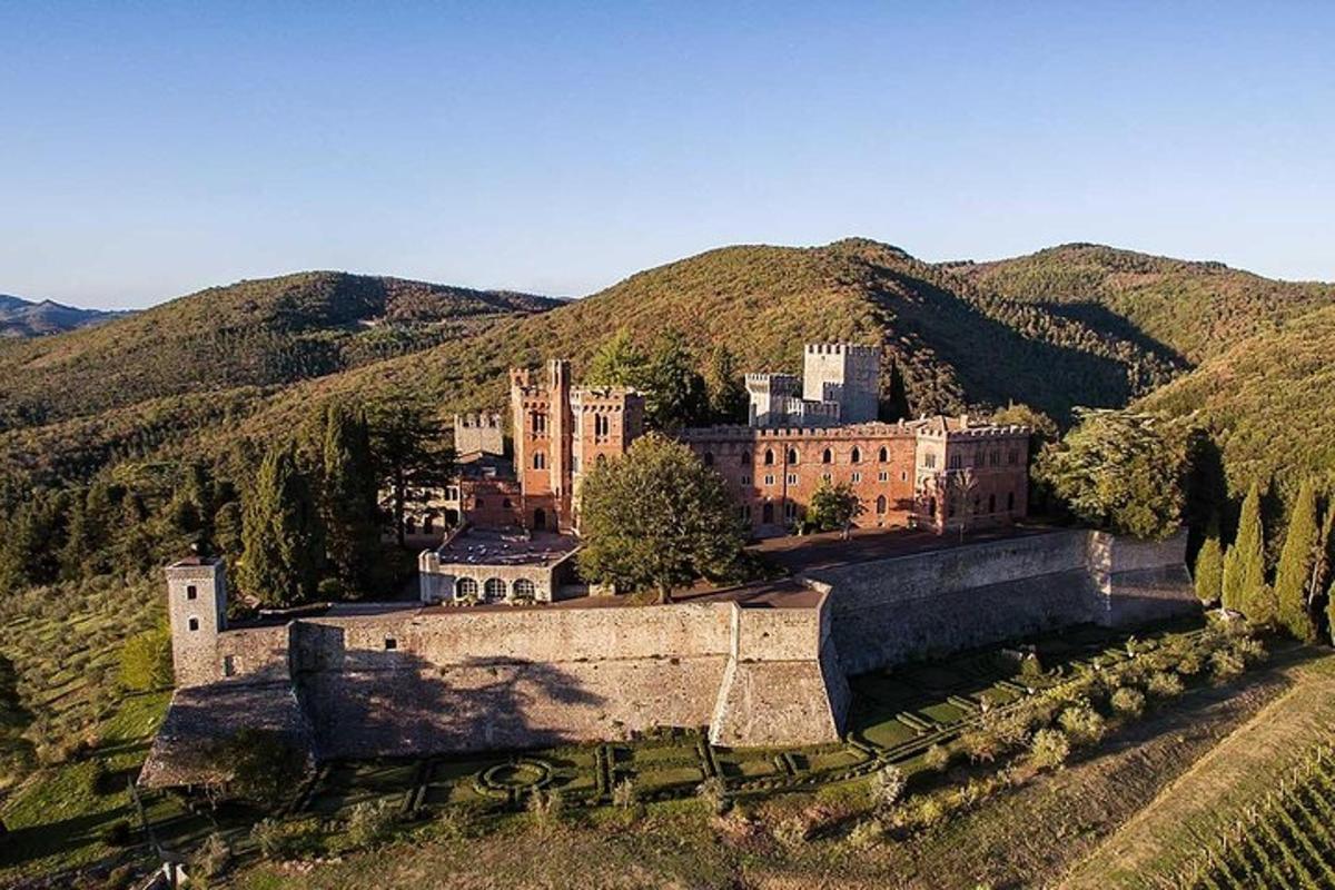 an aerial view of a castle on a mountain