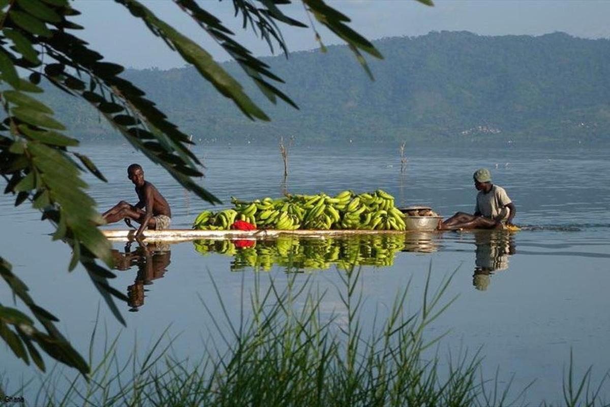 two men in the water with a boat full of bananas