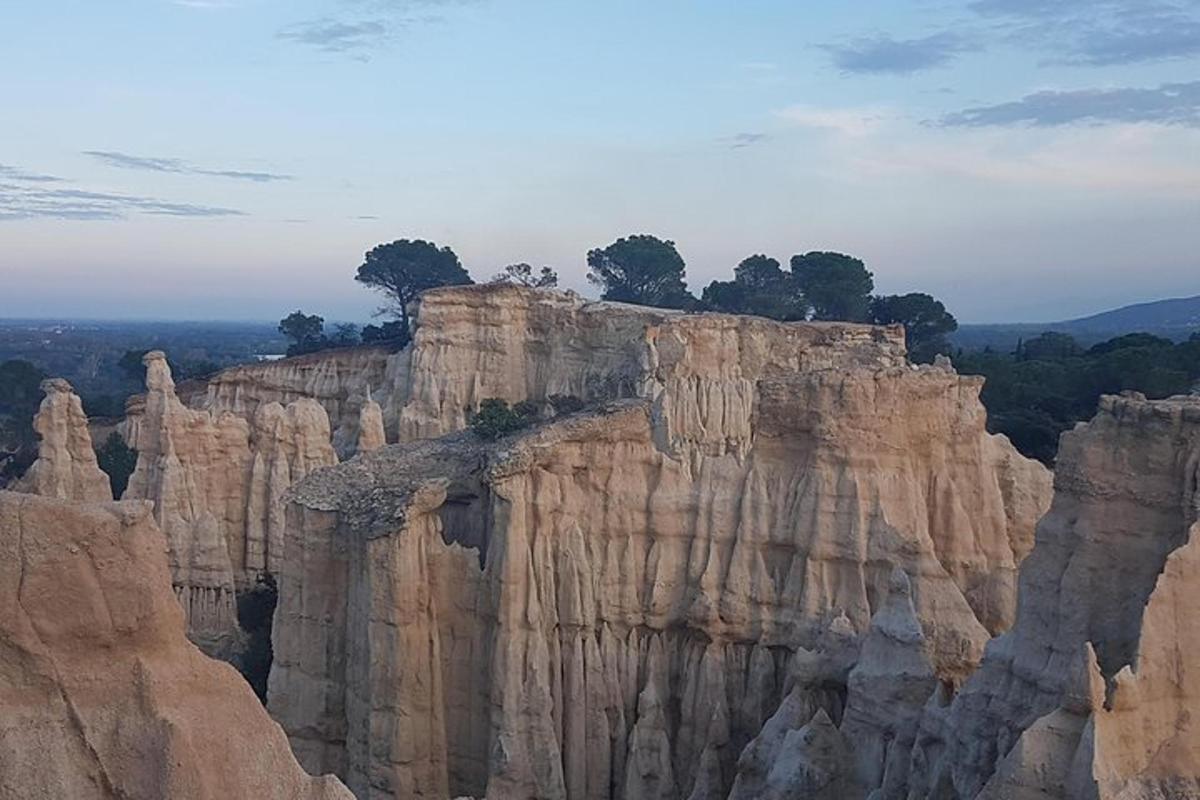 a rock formation with trees on top of it